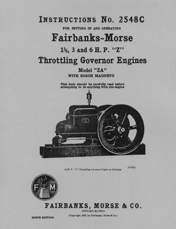 Fairbanks Morse 1.5, 3 and 6 HP Z Instructions No. 2548C 