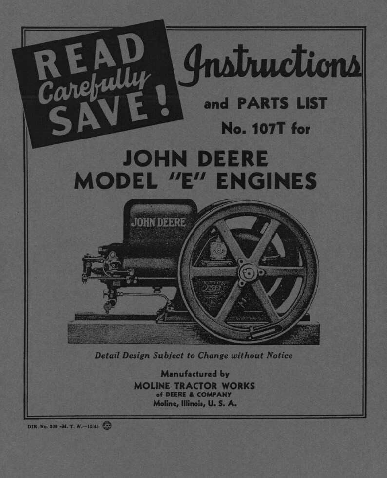 John Deere Model E Instructions and Parts List No. 107T Etsy