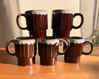 Vintage Mid Century Modern Japanese Brown Stackable Ceramic Mugs - Set of 5