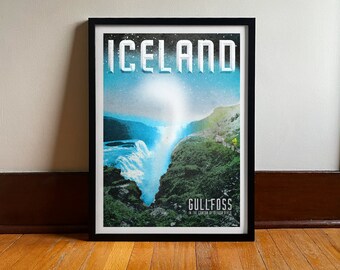 Iceland Gullfoss Waterfall Travel Poster: Vintage Digital Art Print