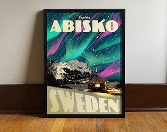 Sweden | Abisko | Aurora Borealis | Northern Lights | Travel Poster | Vintage Art Print