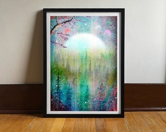 Fantasy Galaxy Art Print: Surreal Cosmic Forest