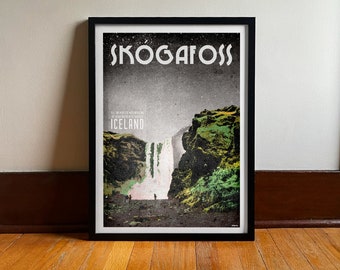 Iceland Skógafoss Waterfall Poster: Vintage Travel Art Print