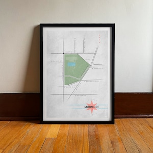 Uniepark | Poster van de reis van de buurt van Chicago | Plattegrond Stadspark | Digitale kunst | Vintage reizen Art Print