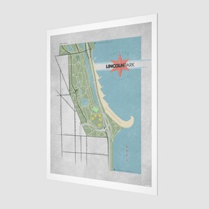 Może przedstawiać: Oprawiony wydruk mapy w stylu vintage z Lincoln Park w Chicago. Mapa przedstawia szczeg&oacute;łowy układ parku, ulic i jeziora Michigan, z tekstem "LINCOLN PARK". Paleta kolor&oacute;w obejmuje odcienie zieleni, błękitu i beżu.
