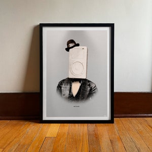 May include: A black and white framed print of a person wearing a bowler hat and an old-fashioned suit. The person's face is obscured by a white iPod with a black screen. The text "iPod Player" is printed below the image.