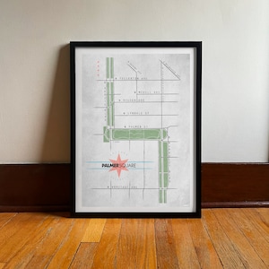 Palmer Square Park / Cartel de viaje del vecindario de Chicago / Mapa del parque de la ciudad / Arte digital / Impresión de arte de viaje vintage