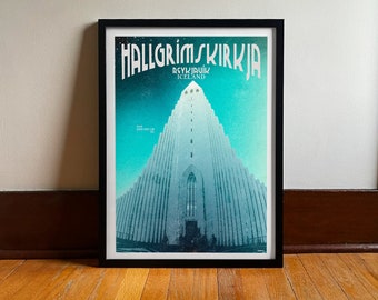 Iceland Hallgrímskirkja Church | Travel Poster | Digital Art | Vintage Travel Art Print