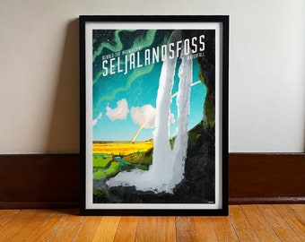 Iceland Seljalandsfoss Waterfall Travel Poster: Vintage Art Print