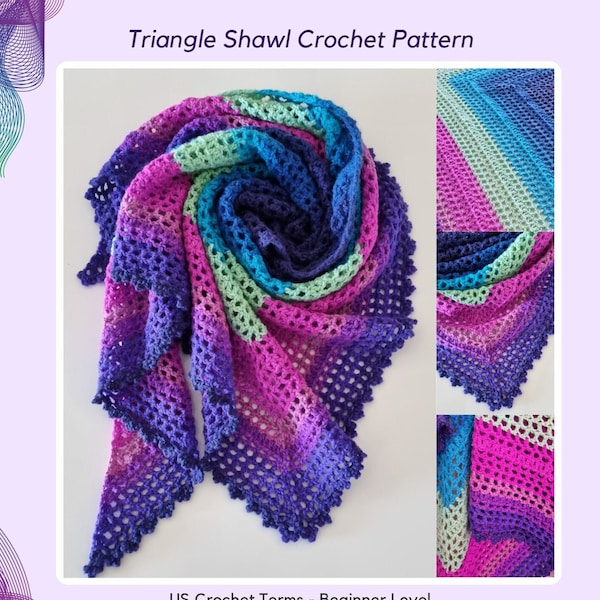 Triangle Shawl PATTERN - Gridworks Scarf - 32 Page e-Book - US Crochet Terms - Easy Beginner Step by Step Tutorial - English Download
