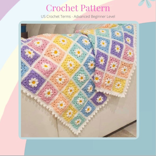 Crochet Blanket PATTERN Daisy Dreams Rainbow - 26 Page PDF e-Book - US Crochet Terms- Easy Beginner Step by Step Tutorial - English