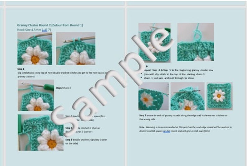 May include: A crochet pattern for a granny cluster round 2, using a 4.5 mm hook. The pattern includes instructions for joining with a slip stitch to the top of the starting chain, and a close-up of the crochet stitches.