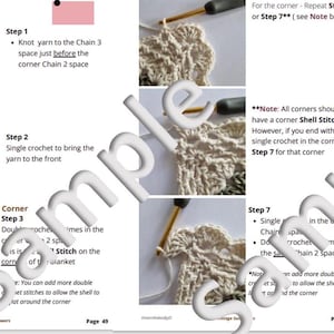 May include: Crochet pattern instructions for a corner shell stitch. The instructions include a step-by-step guide with images of each step. The text includes the words "Chain 3 space", "Shell Stitch", and "Step 7".