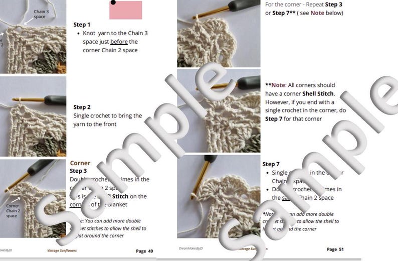 May include: Crochet pattern instructions for a corner shell stitch. The instructions include a step-by-step guide with images of each step. The text includes the words "Chain 3 space", "Shell Stitch", and "Step 7".