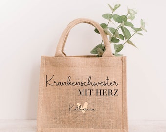 Krankenschwester mit Herz | Jute Tasche Einkaufs- Strandttasche | Geschenkidee Pflegerin | Personalisiertes Geschenk mit Name | Dankeschön