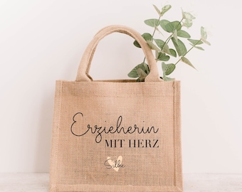 Erzieherin mit Herz | Jute Tasche Einkaufs- Strandttasche | Geschenkidee Personalisiertes Geschenk mit Name | Dankeschön Abschied Gruppe