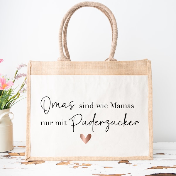 Personalisierte Jutetasche Omas Puderzucker | Personalisiertes Geschenk | Individuelle Aufmerksamkeit | Dankeschön | Jute Shopper Tasche Bag