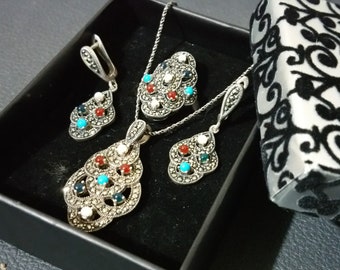 Classy Jewelry Set with Marcasite, Turquoise, Mother of Pearl, Red & Green Agate, Artisan Vintage Jewelry of Earrings, Necklace and Ring