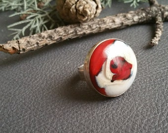 Rose Figured Glass Ring, Exclusive Glass Art Glasswork Flamework Red White Silver Ring, Handmade Gift Idea, Gift for Women, one of a kind