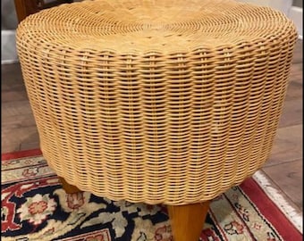 1970s Handwoven Wicker & Bamboo Round Footstool Ottoman or Side Table