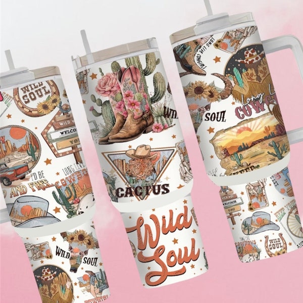 Western Tumbler with handle - Cowgirl  40 oz tumbler with handle. Double walled Stainless Steel Tumbler. Available in 40, 30, 20, and 12 oz.