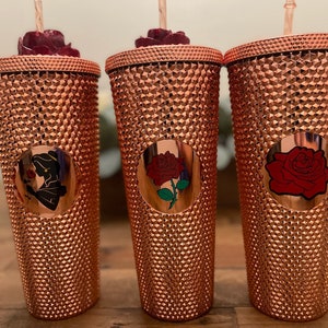 Rose / Princess - Metallic Rose Gold Studded Tumbler - 24 oz with straw (straw topper sold separately)