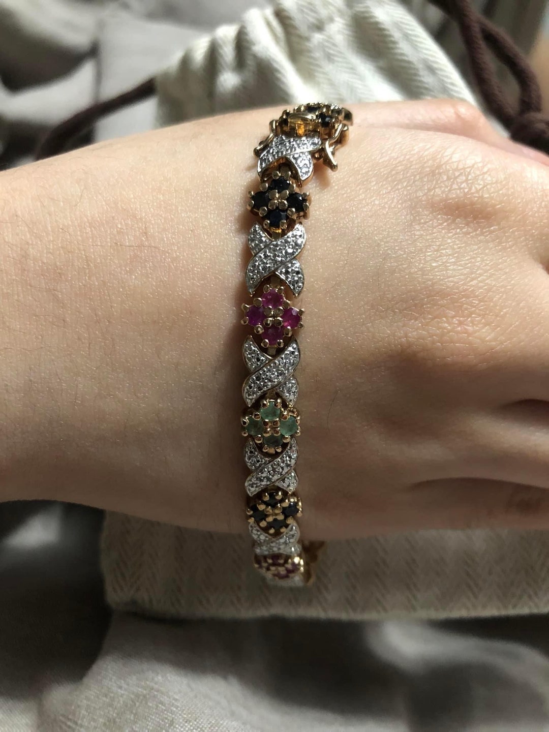 Gold Over Silver Bracelet With Precious Stones Etsy