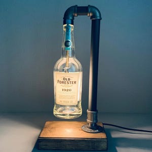 Old Forester Lamp, Bourbon Gift, Whiskey Light, Iron Pipe Lamp, Unique Birthday Gift, Home Bar Decor, Rustic Desk Lamp, Liquor Bottle Light