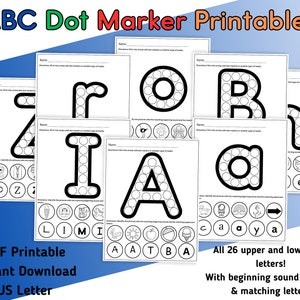 Imprimibles de marcadores de puntos del alfabeto, ABC hacer un punto, letras mayúsculas y minúsculas, sonidos iniciales, reconocimiento de letras, marcador de puntos ABC, niños pequeños