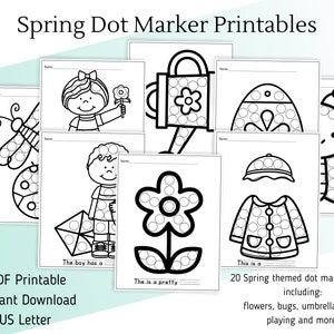 Peut inclure: Un ensemble de 20 pages de marqueurs à points imprimables mettant en scène des images sur le thème du printemps, notamment une fleur, un papillon, un garçon avec un cerf-volant, un arrosoir, un imperméable et une coccinelle. Les pages sont conçues pour que les enfants puissent s'entraîner à la motricité fine et à la reconnaissance des couleurs.