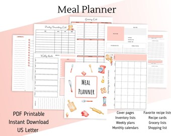 Watercolor Meal Planner, Monthly Meal Planner, Meal Planner Printable, Menu Planner, US Letter, Kitchen Meal Planner, SAHM Planner