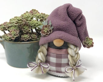 Small Purple Female Gnome With Succulents | Handmade Gnome Decor, Tiered Tray Decor, Succulent Arrangement