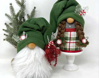 Peppermint Gnome Couple | Holiday Decor, Christmas Plaid Gnomes, Candy Cane Decor, Handmade Gift