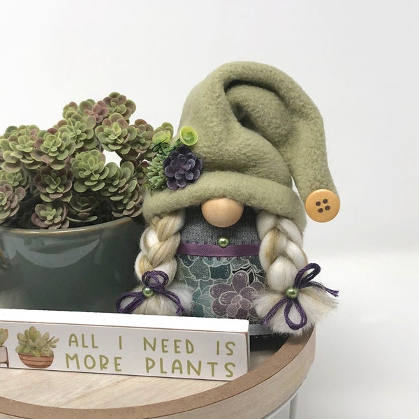 Small Female Gnome With Succulents | Gnome Decor, Tiered Tray Decor, Shelf Sitter, Succulent Arrangement