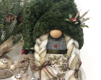 Rustic Holiday Female Gnome | Christmas Gnome Decor, Handmade Gift, Christmas Holly