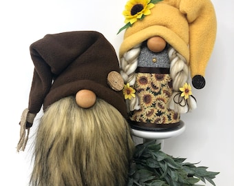 Rustic Sunflower Gnome Couple | Farmhouse Decor, Garden Gnomes, Tiered Tray Decor, Summer Gnome