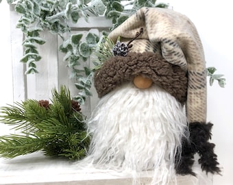 Brown & Beige Winter Plaid Gnome | Holiday Gnome Decor, Unique Handmade Gift