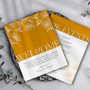 Carta de boas-vindas e itinerário de casamento MARIGOLD, modelo editável, casamento indiano, cronograma de casamento no destino, download instantâneo minimalista