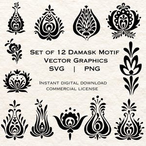 May include: Set of 12 black and white damask motif vector graphics. The graphics are in the shape of stylized flowers and leaves.  The text "SET OF 12 DAMASK MOTIF VECTOR GRAPHICS SVG | PNG INSTANT DIGITAL DOWNLOAD COMMERCIAL LICENSE" is included in the image.
