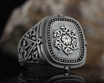 Stainless Steel Sacred Sanskrit Om Symbol Mens Square Biker Style Signet Ring 