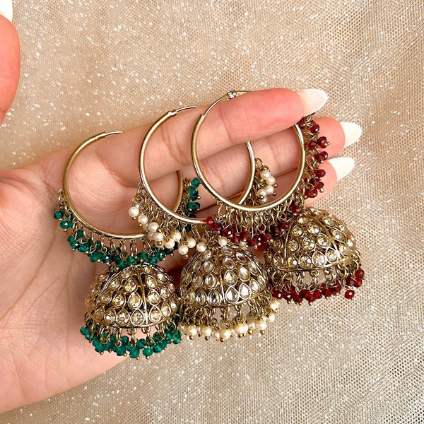 Gold/Multi Indian Hoop Earrings (Polki Jhumkas)