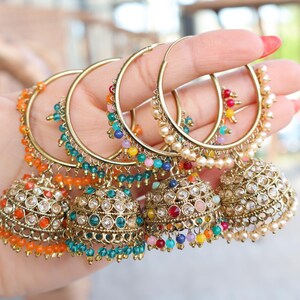 Gold/Multi Indian Hoop Earrings (Polki hoop Jhumka, Indian Jewelry, Pakistani Jewelry, Punjabi Jewelry) / Bridesmaid Earrings/Indian Wedding