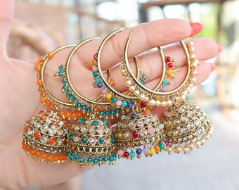 Gold/Multi Indian Hoop Earrings (Polki hoop Jhumka, Indian Jewelry, Pakistani Jewelry, Punjabi Jewelry) / Bridesmaid Earrings/Indian Wedding