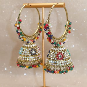 Large Colorful Multi Rainbow Indian Hoop Earrings (Jhumkas) / Bridesmaids Earrings