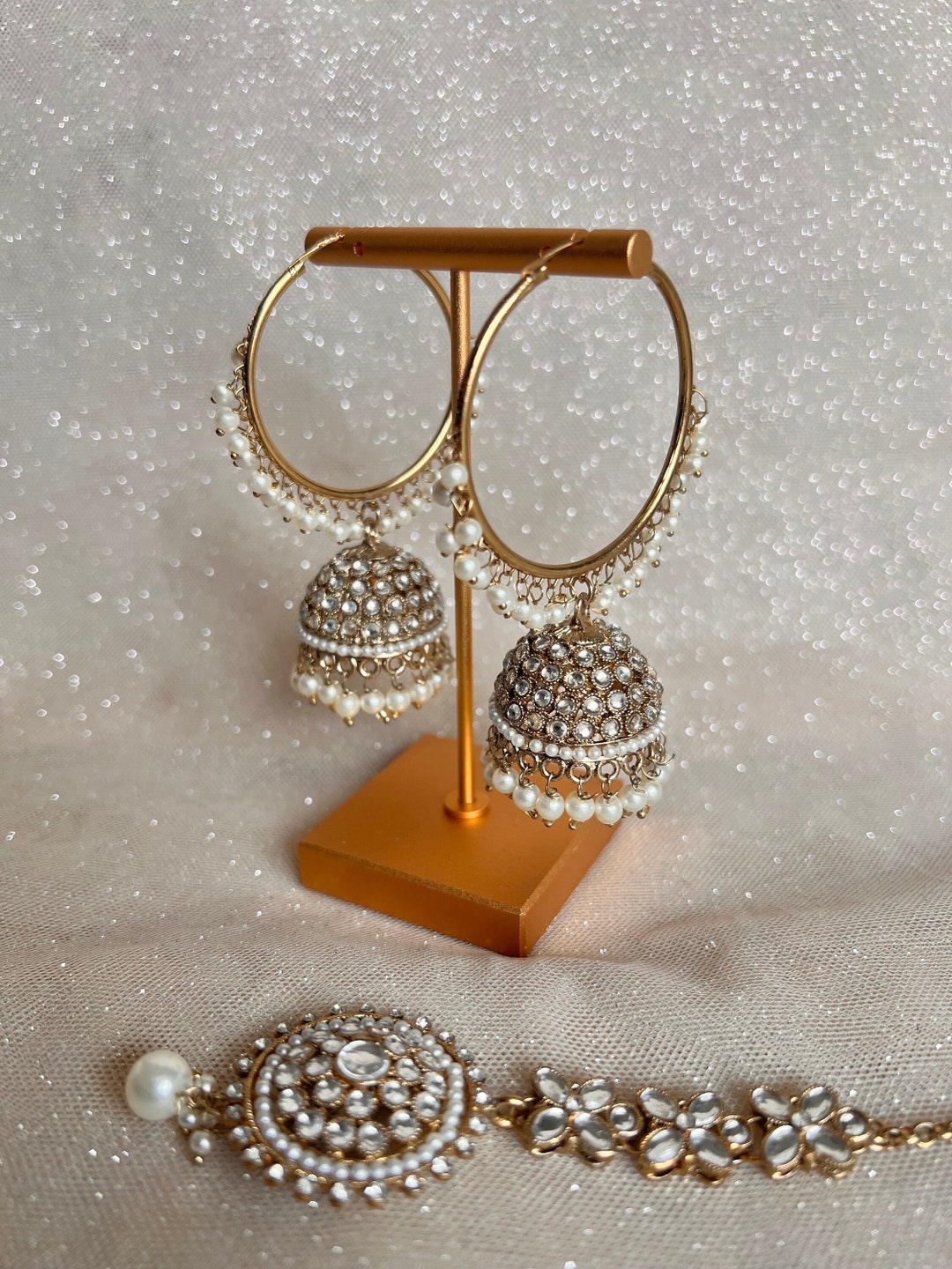 NUOVI Orecchini Indiano Pakistano Tikka Set Testa Catena Gioielli