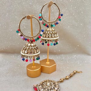 Colorful/Gold Hoop (Jhumka) Earrings with Tikka/ Bridesmaids Earrings/ Indian Wedding