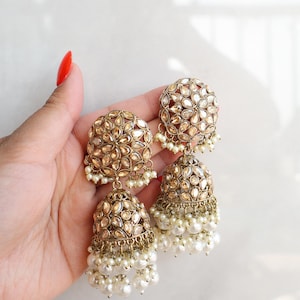 Gold Jhumka Dangle Earrings / Indian Jewelry / South Asian / Wedding / Bridal & Bridesmaid Jewelry (style #3)