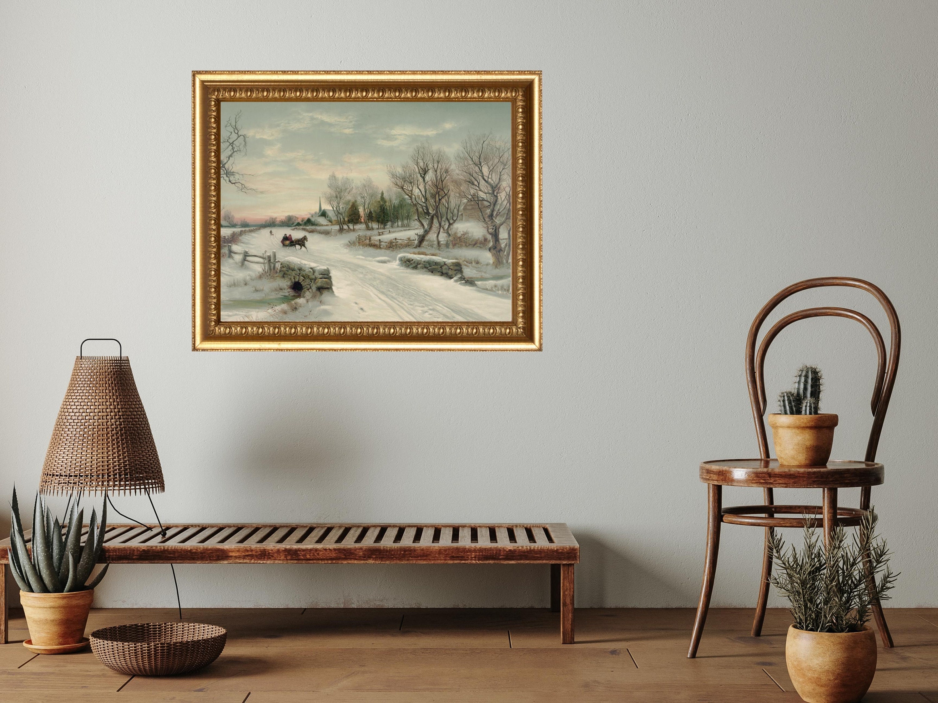 Antique Sleigh Ride Print for Christmas, Christmas Landscape Painting ...