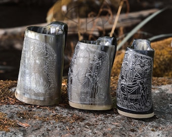 Viking Drinking Ox Horn Mug Odin Hand Engraved | Groomsmen | Christmas Birthdays Anniversary Gifts