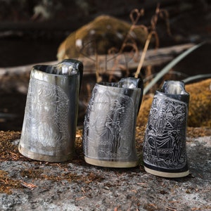 Viking Drinking Ox Horn Mug Odin Hand Engraved | Groomsmen | Christmas Birthdays Anniversary Gifts